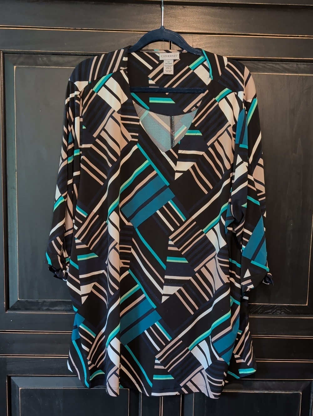 Catherines Teal & Black Geometric V-Neck Women's Top 3x